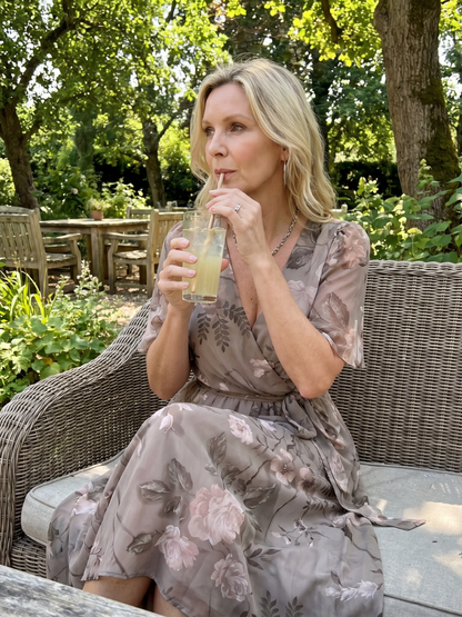 DAWN | FLUTTER SLEEVE FLORAL MIDI DRESS - Gray Floral