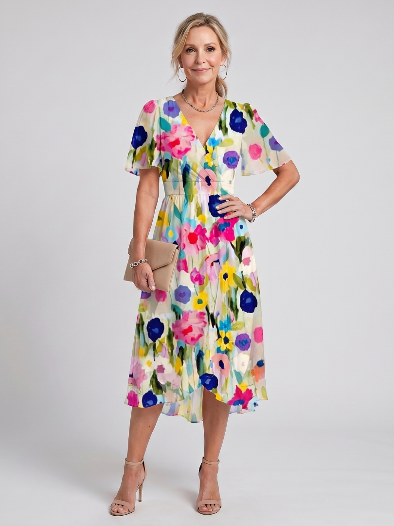 DAWN | FLUTTER SLEEVE FLORAL MIDI DRESS - Ivory Floral