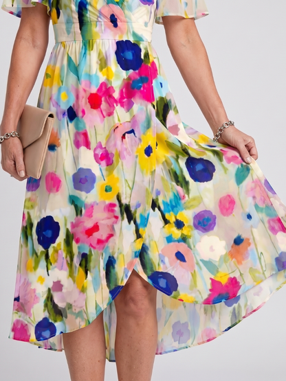 DAWN | FLUTTER SLEEVE FLORAL MIDI DRESS - Ivory Floral