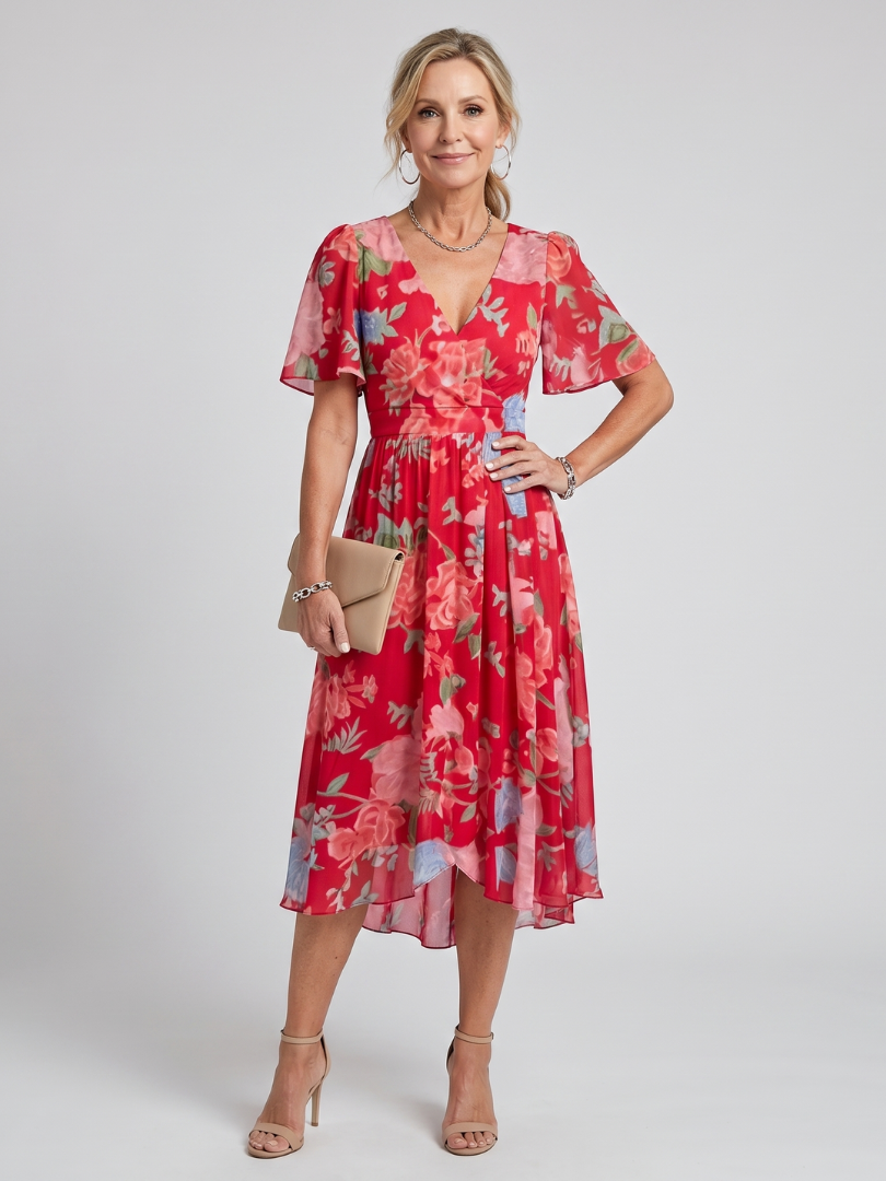 DAWN | FLUTTER SLEEVE FLORAL MIDI DRESS - Red Floral