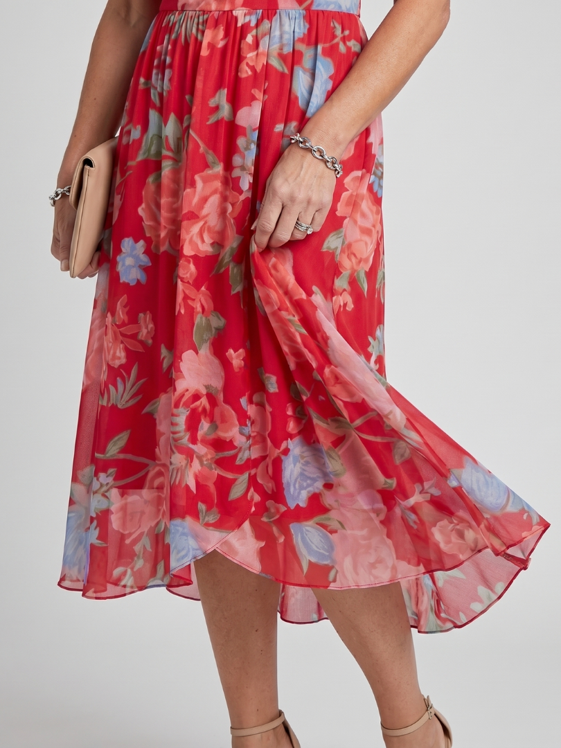 DAWN | FLUTTER SLEEVE FLORAL MIDI DRESS - Red Floral