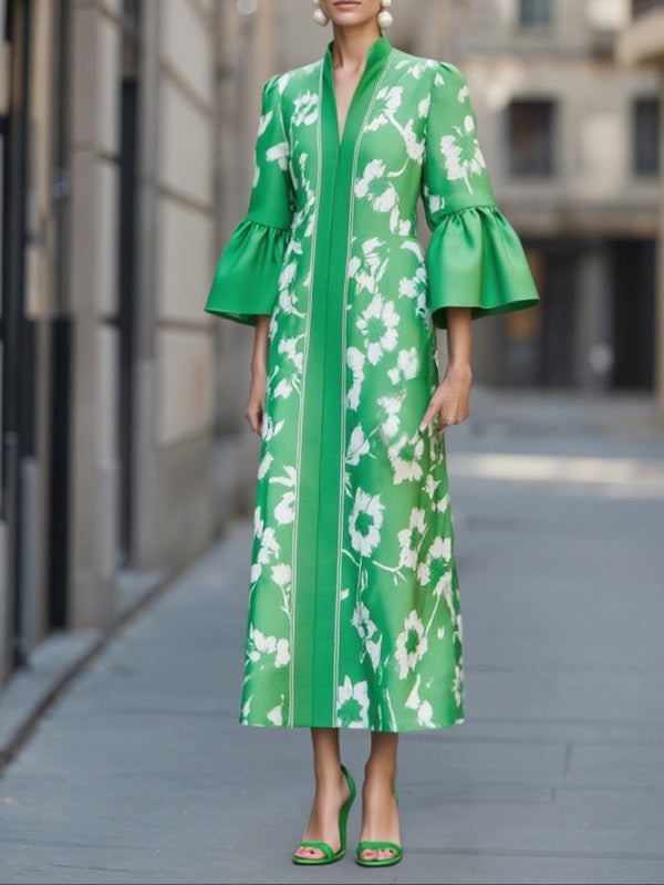 DEANDRA | FLORAL BELL SLEEVE MAXI DRESS - Green Floral