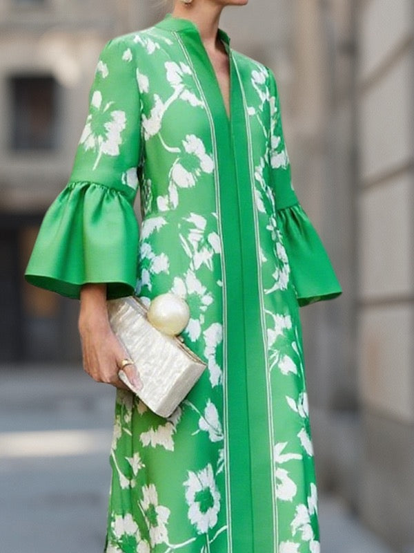 DEANDRA | FLORAL BELL SLEEVE MAXI DRESS - Green Floral