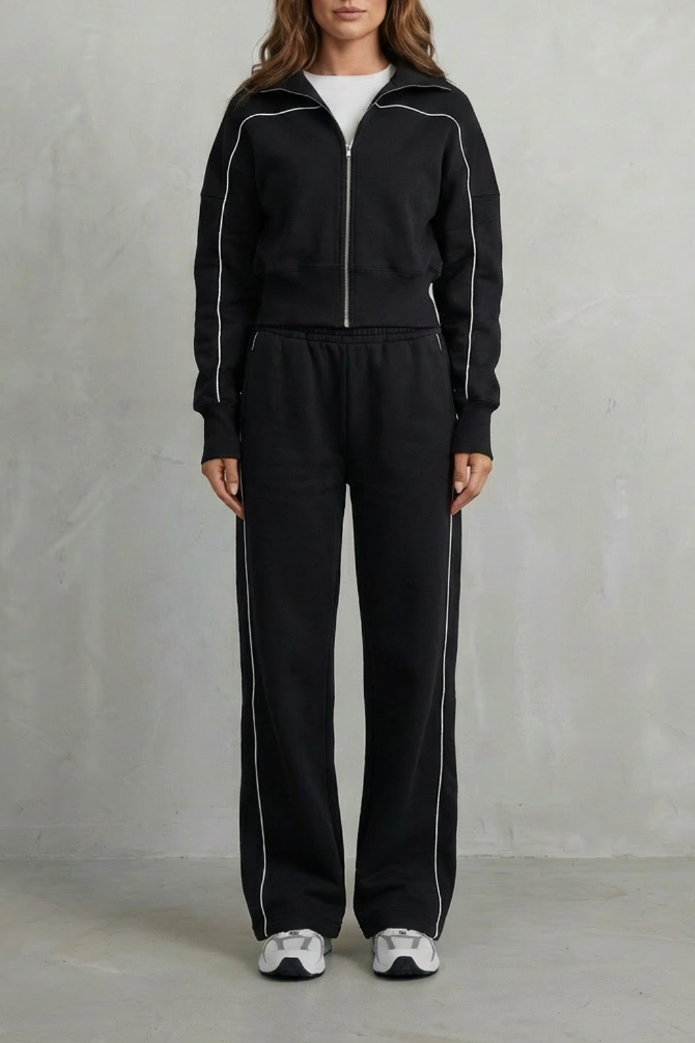 DEANNA | CONTRAST PIPING TRACKSUIT SET - Black