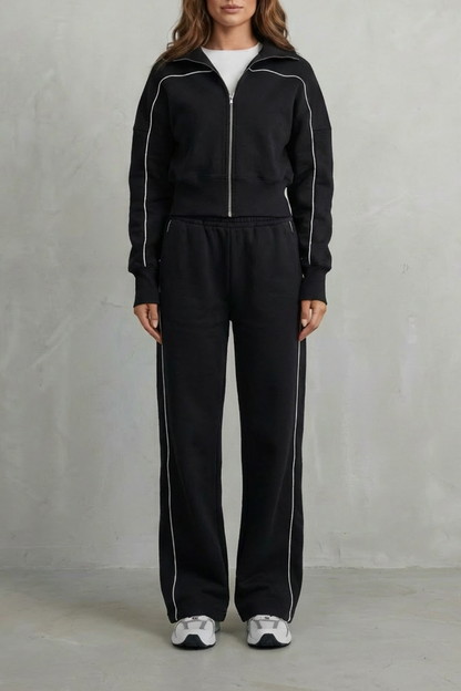 DEANNA | CONTRAST PIPING TRACKSUIT SET - Black