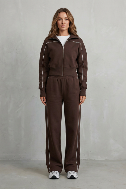 DEANNA | CONTRAST PIPING TRACKSUIT SET - Chocolate Brown