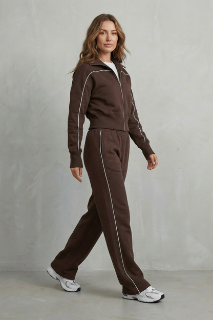 DEANNA | CONTRAST PIPING TRACKSUIT SET - Chocolate Brown
