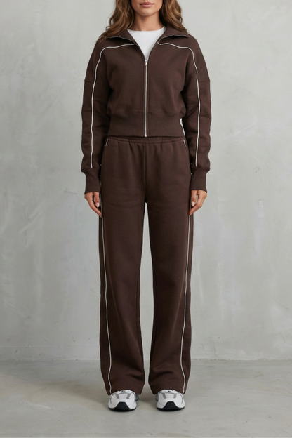 DEANNA | CONTRAST PIPING TRACKSUIT SET - Chocolate Brown