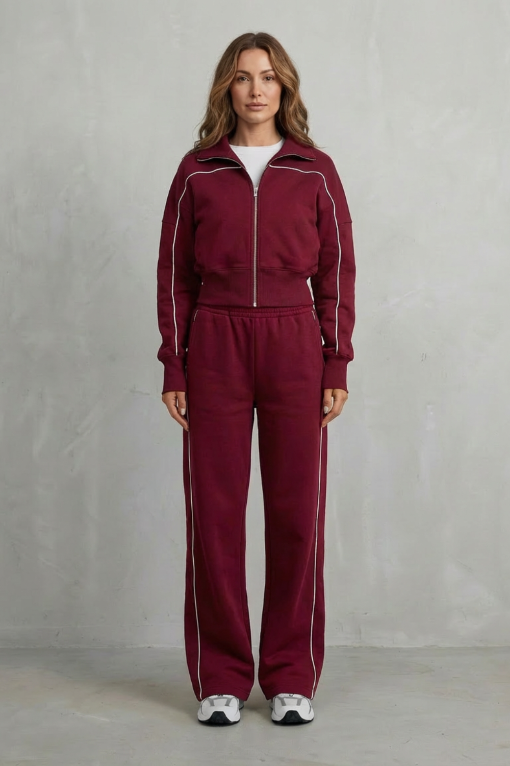 DEANNA | CONTRAST PIPING TRACKSUIT SET - Wine Red