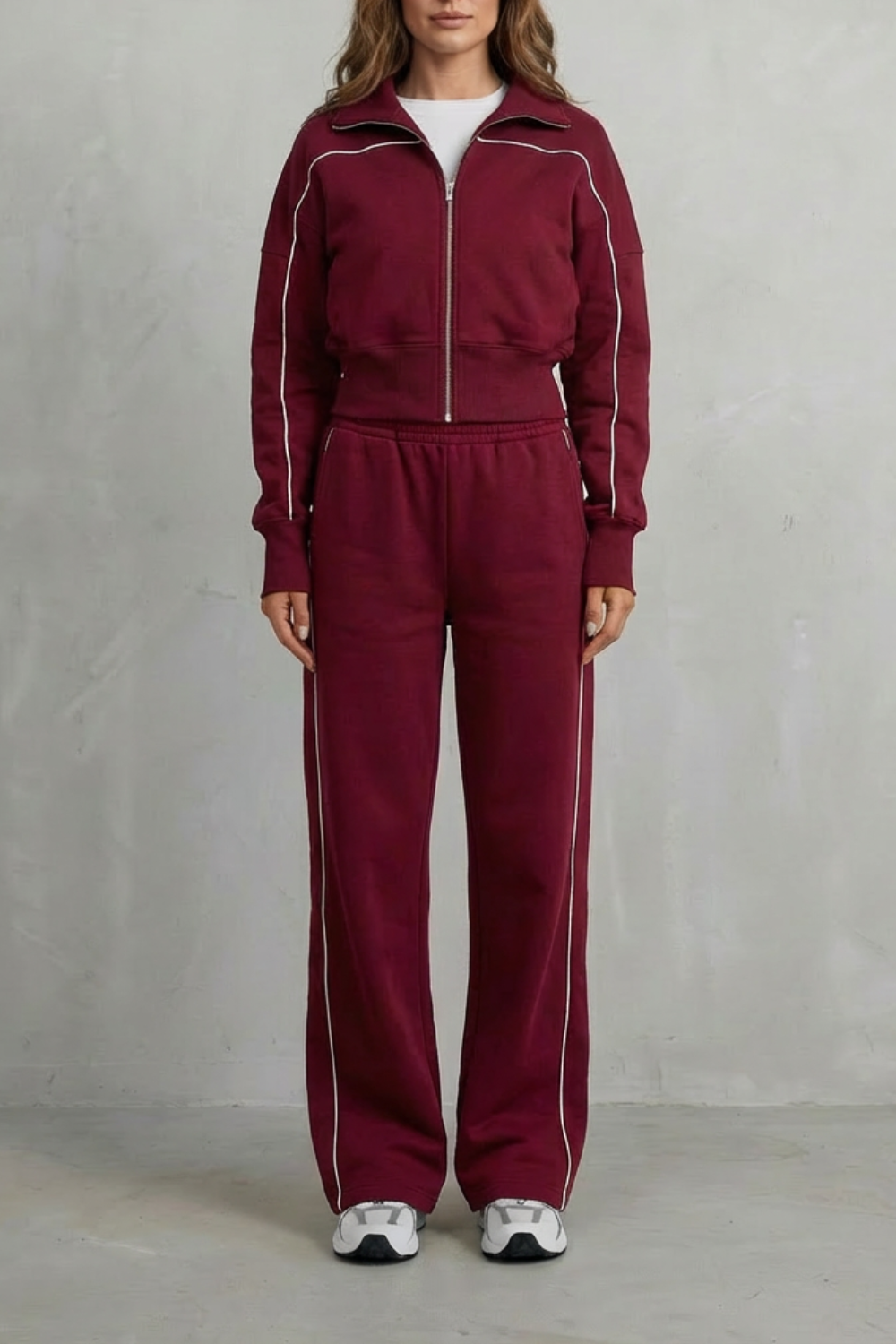DEANNA | CONTRAST PIPING TRACKSUIT SET - Wine Red