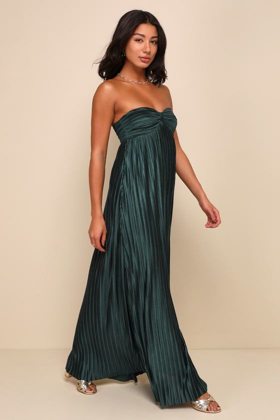 DELISE | STRAPLESS PLEATED SATIN MAXI DRESS - Emerald Green