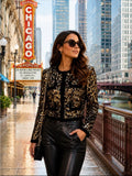 DELMIRA | COLLARLESS SEQUIN JACKET - Black and Gold