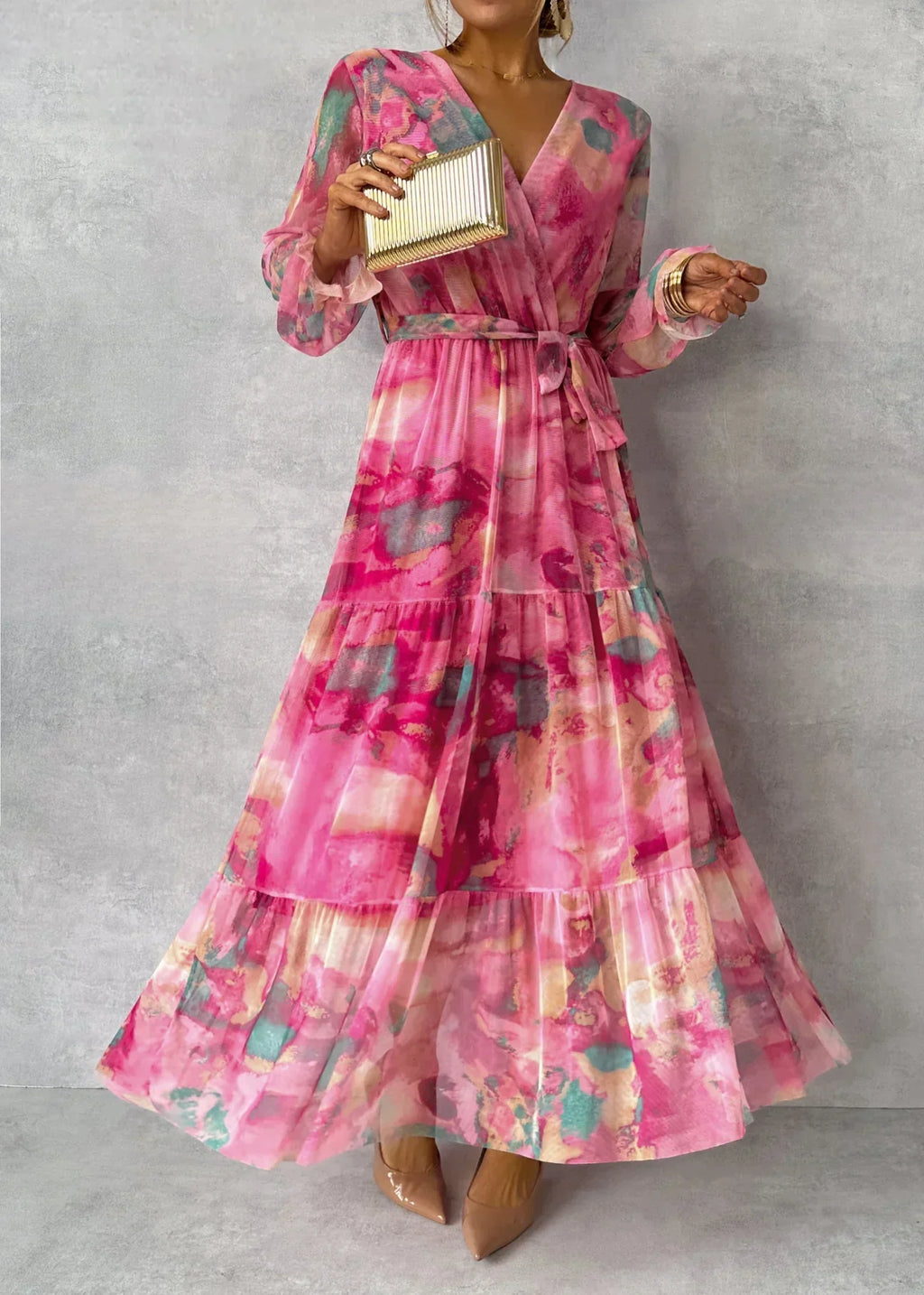DELNA | PLEATED FLORAL BELTED MAXI DRESS - Fuchsia Floral