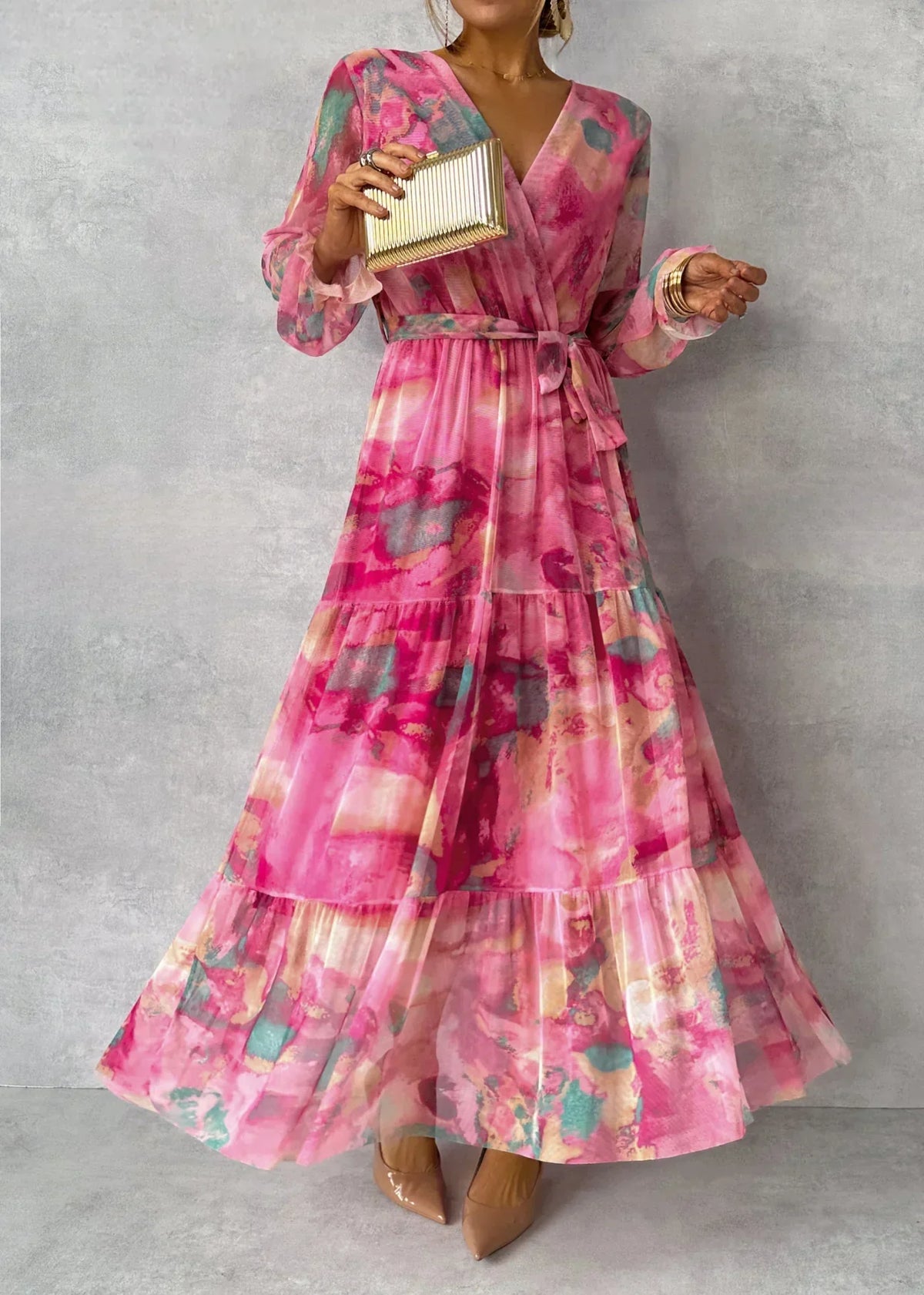 DELNA | PLEATED FLORAL BELTED MAXI DRESS - Fuchsia Floral