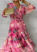 DELNA | PLEATED FLORAL BELTED MAXI DRESS - Fuchsia Floral