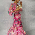 DELNA | PLEATED FLORAL BELTED MAXI DRESS - Fuchsia Floral