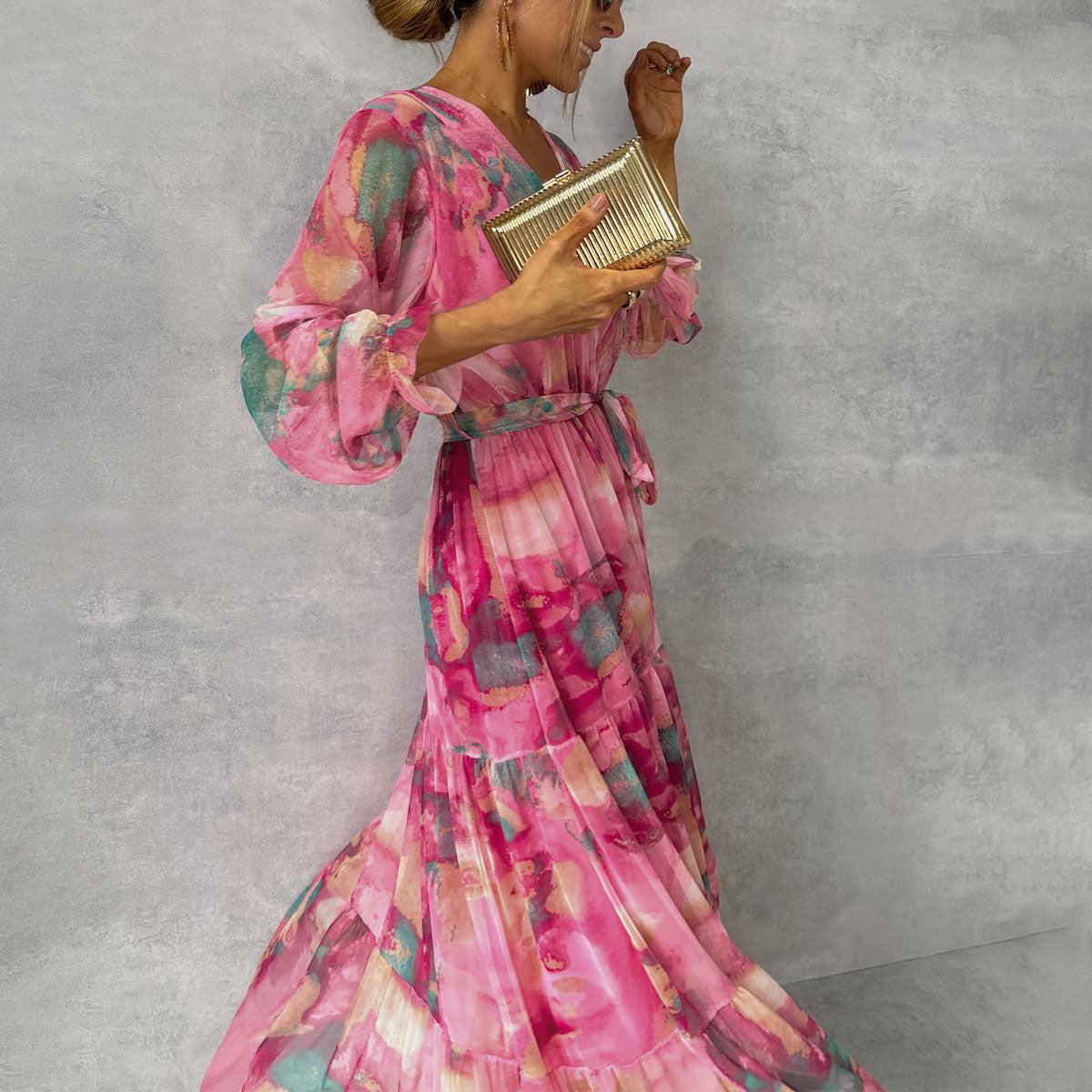 DELNA | PLEATED FLORAL BELTED MAXI DRESS - Fuchsia Floral