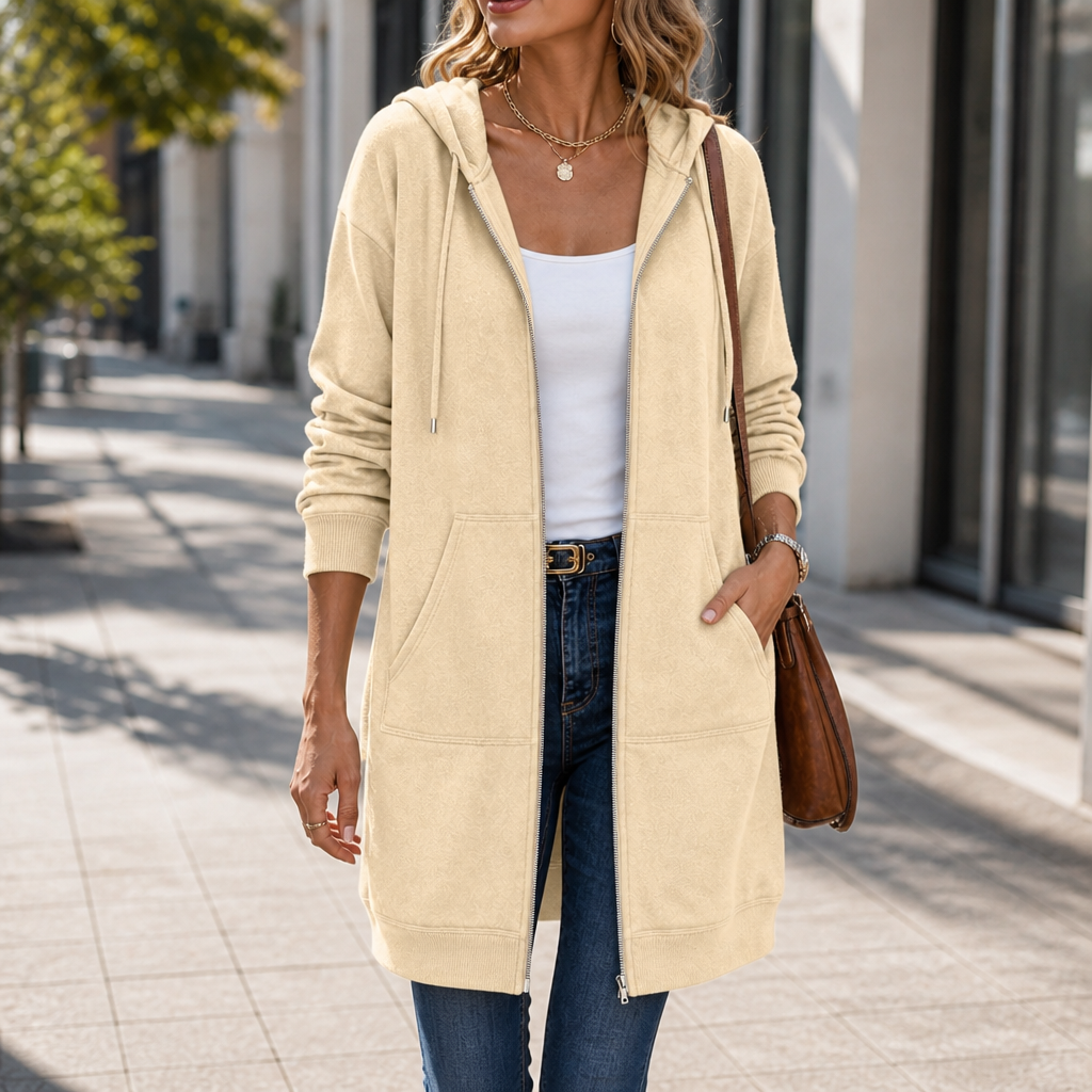 DELPHI | ZIP-FRONT HOODED LONGLINE CARDIGAN - Beige