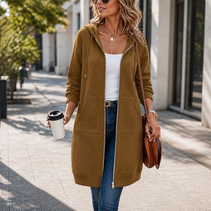 DELPHI | ZIP-FRONT HOODED LONGLINE CARDIGAN - Olive Brown