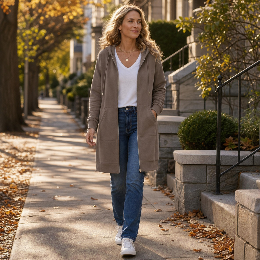 DELPHI | ZIP-FRONT HOODED LONGLINE CARDIGAN - Taupe