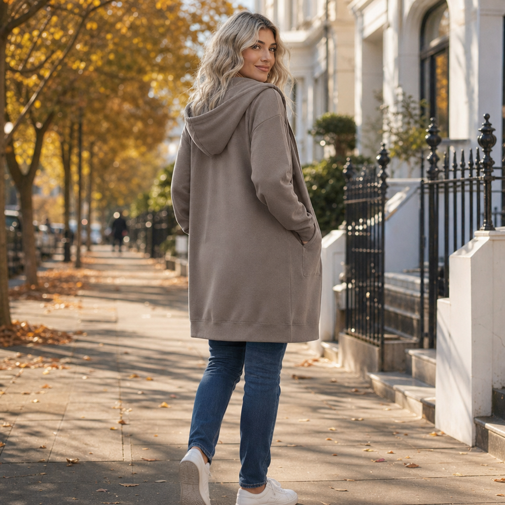DELPHI | ZIP-FRONT HOODED LONGLINE CARDIGAN - Taupe