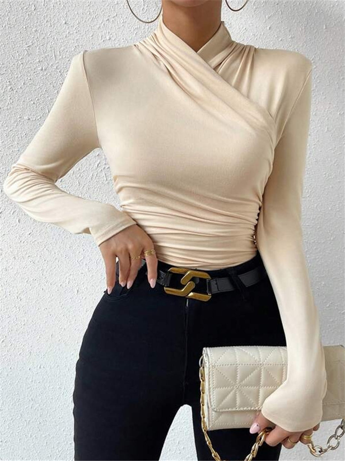 DELYTH | DRAPED WRAP NECK KNIT TOP - Cream