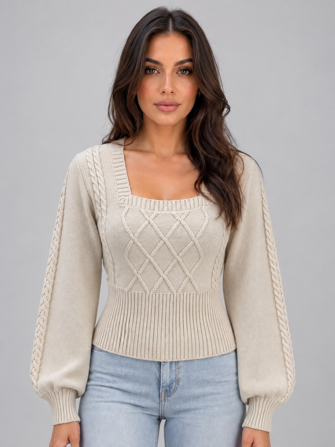 DEMETRA | SQUARE NECK CABLE KNIT SWEATER - Cream