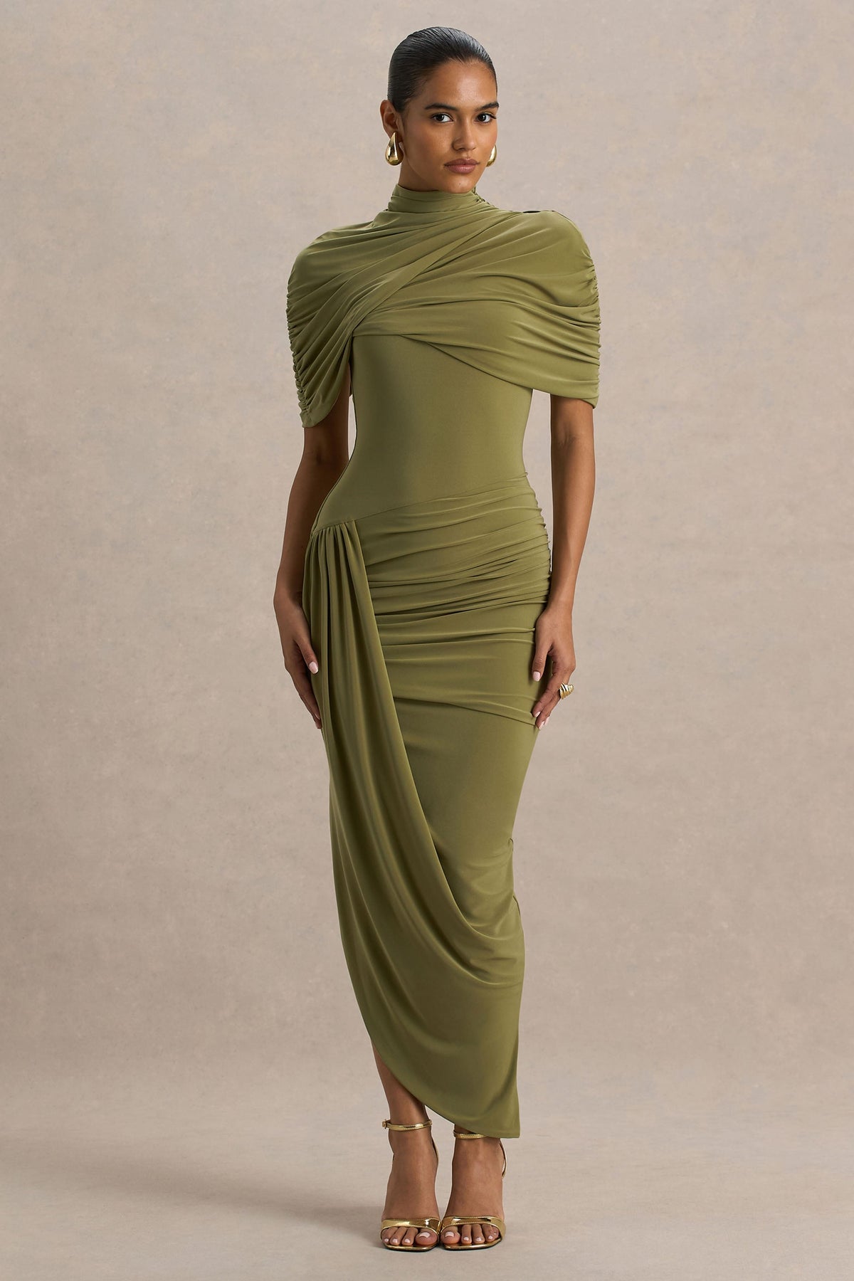 DEMETRIA | DRAPED CAPE MIDI DRESS - Olive