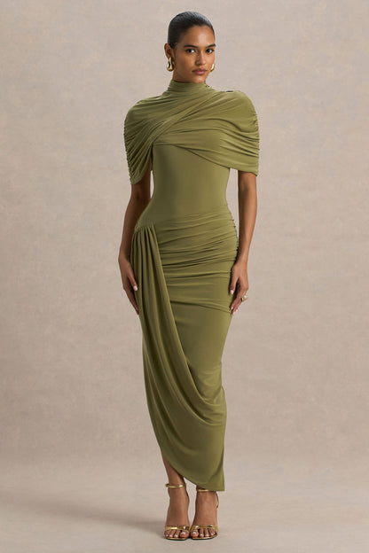 DEMETRIA | DRAPED CAPE MIDI DRESS - Olive