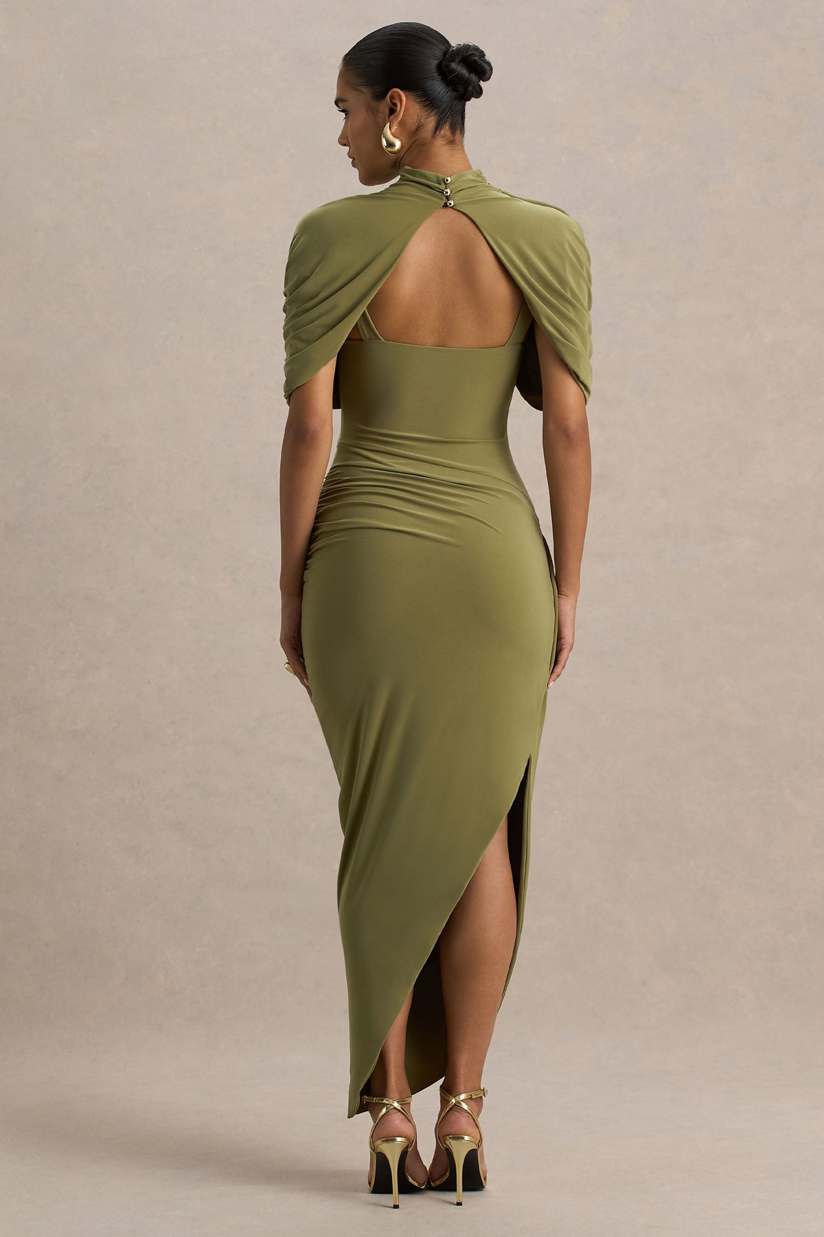 DEMETRIA | DRAPED CAPE MIDI DRESS - Olive