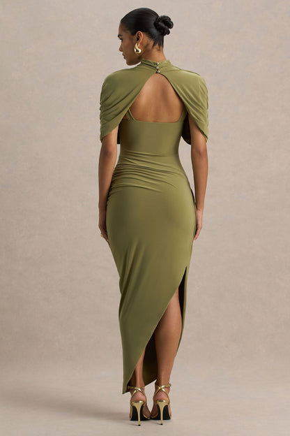 DEMETRIA | DRAPED CAPE MIDI DRESS - Olive