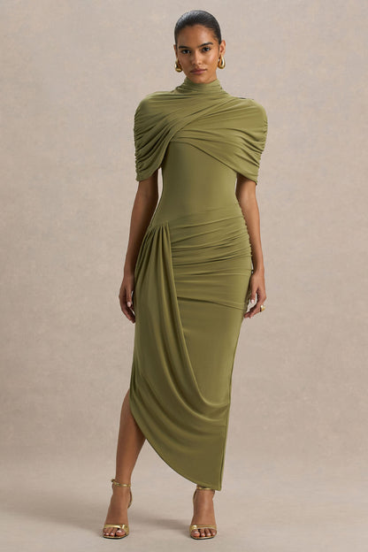 DEMETRIA | DRAPED CAPE MIDI DRESS - Olive