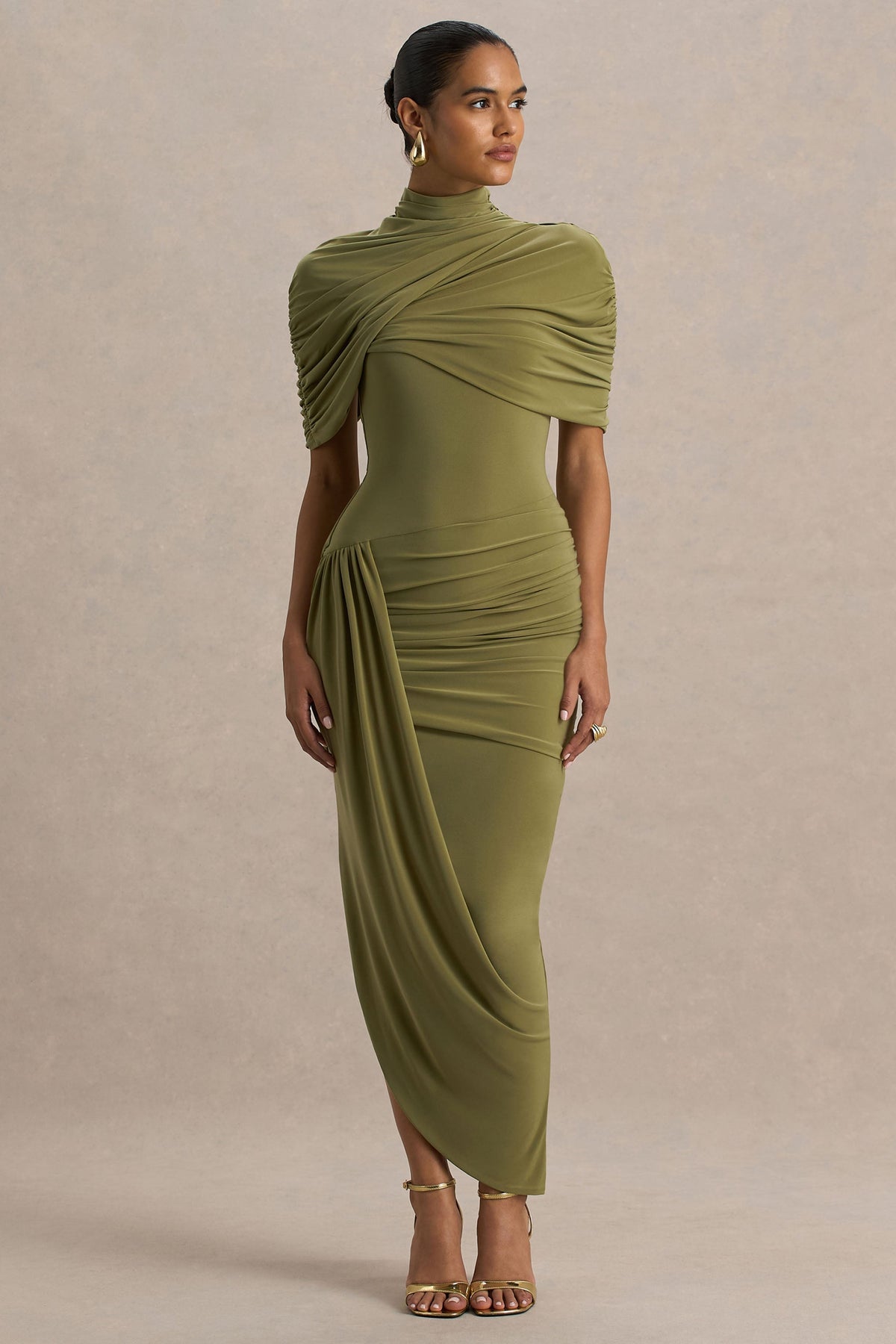 DEMETRIA | DRAPED CAPE MIDI DRESS - Olive