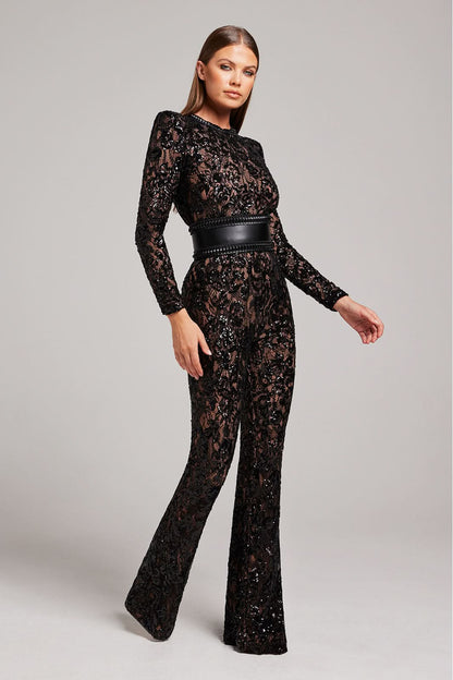 Side view of black lace jumpsuit with wide flared pants
