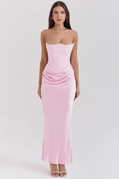 Pink strapless corset maxi dress with gathered waist and flowing skirt, front view
