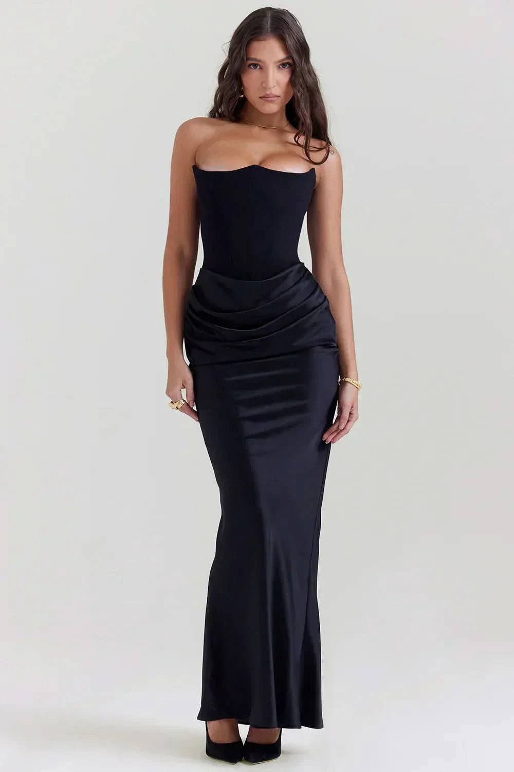 Black strapless corset maxi dress with gathered waist detail
