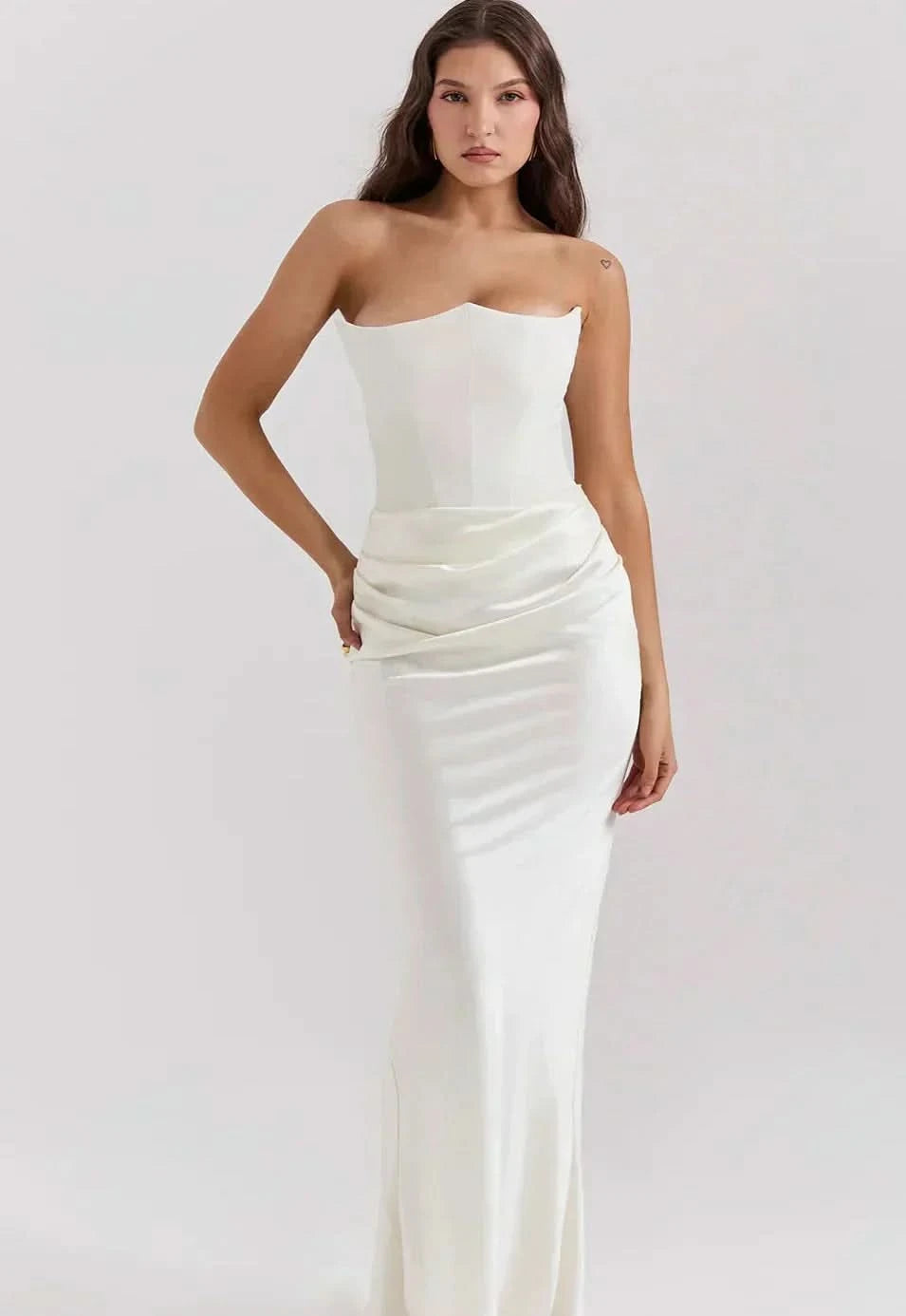 Cream strapless corset maxi dress with side ruched waist detail