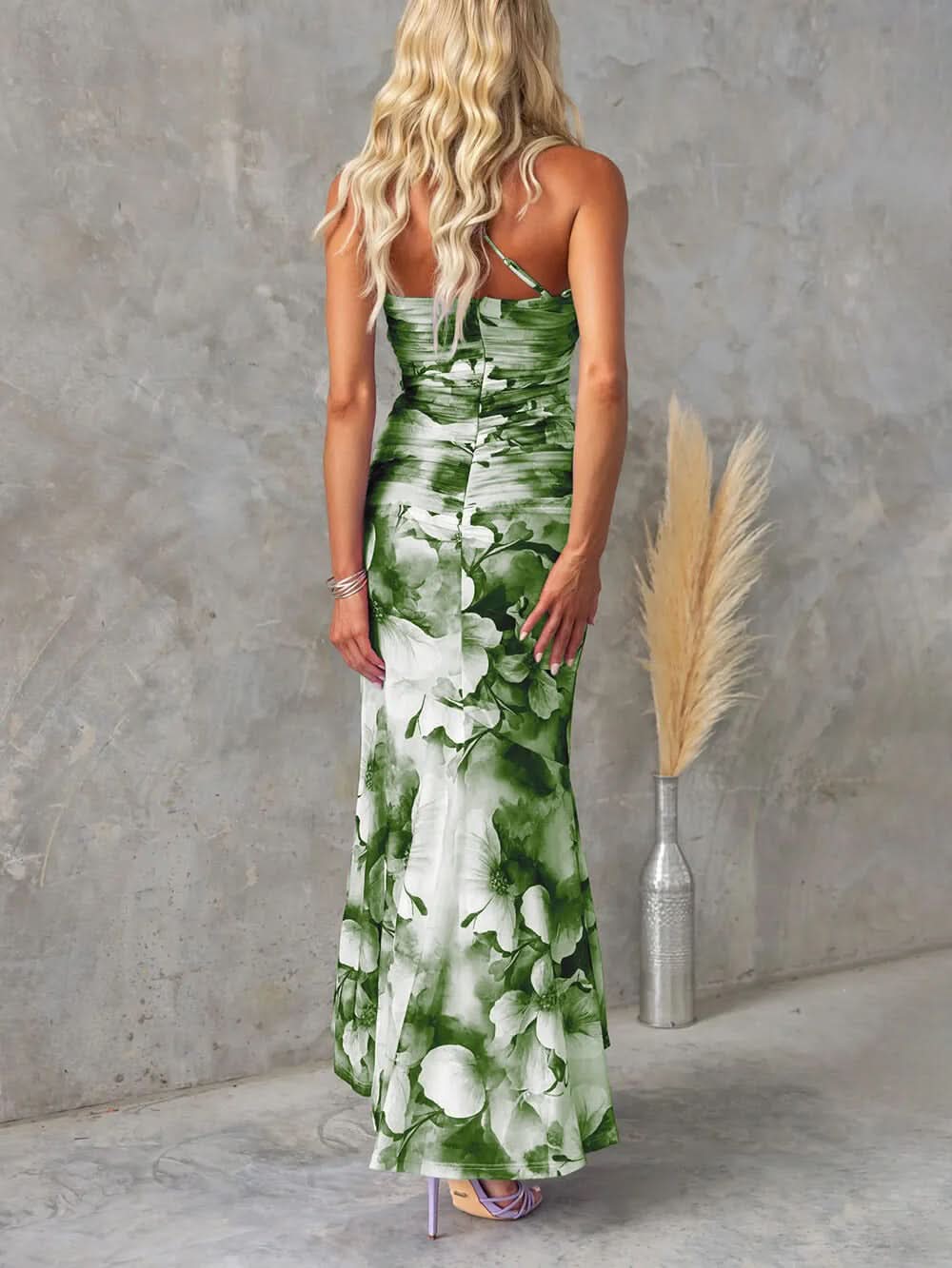Back view green white floral maxi dress fitted silhouette