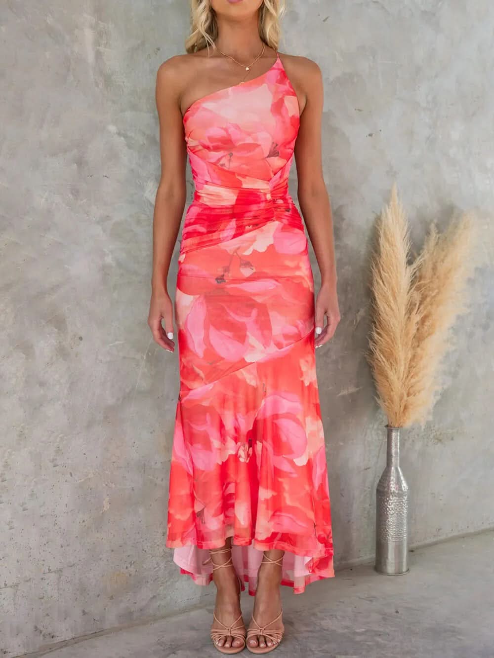 One-shoulder floral maxi dress in coral pink with ruched waist detail