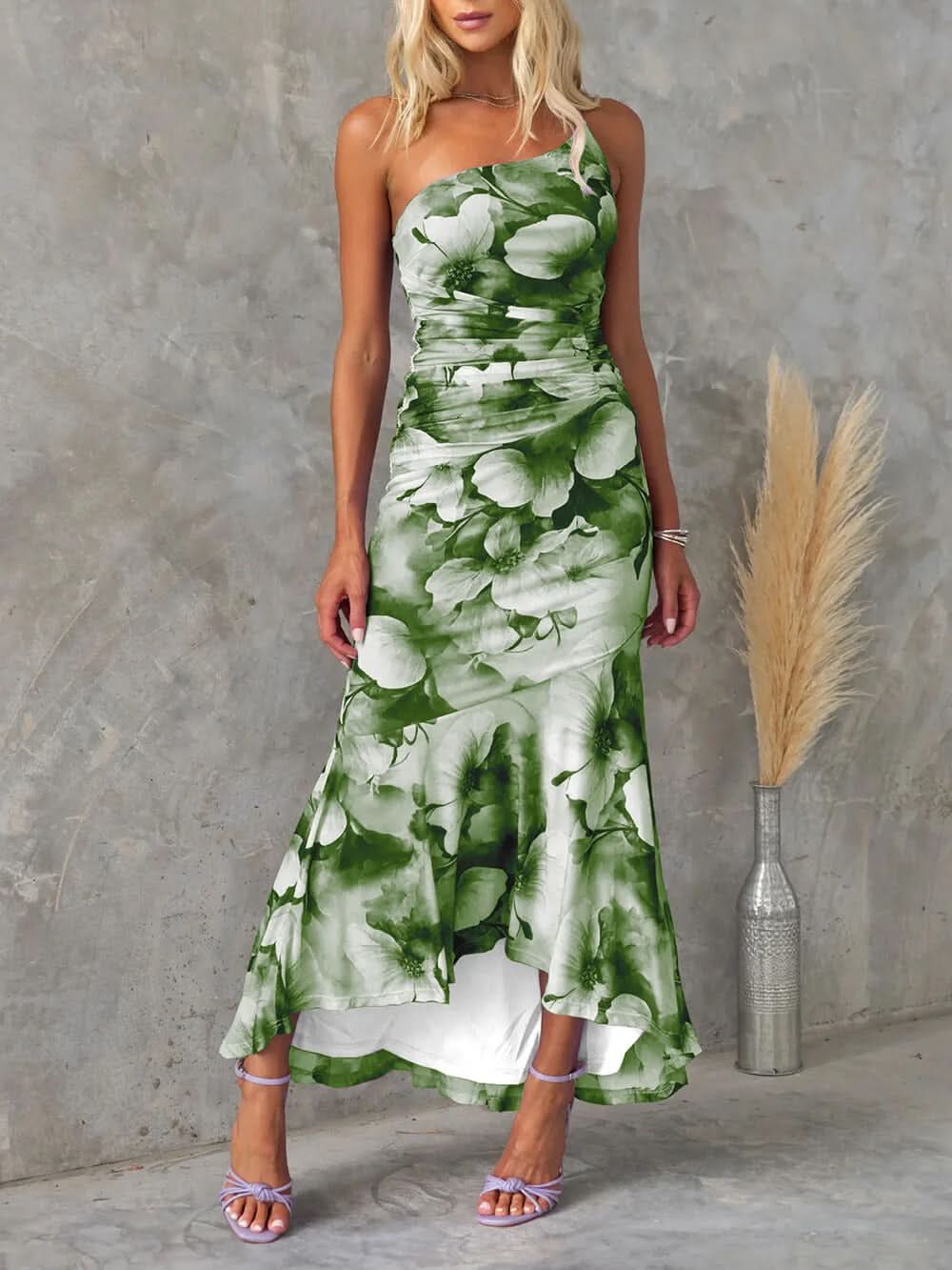 Green white floral strapless maxi dress with ruched midsection