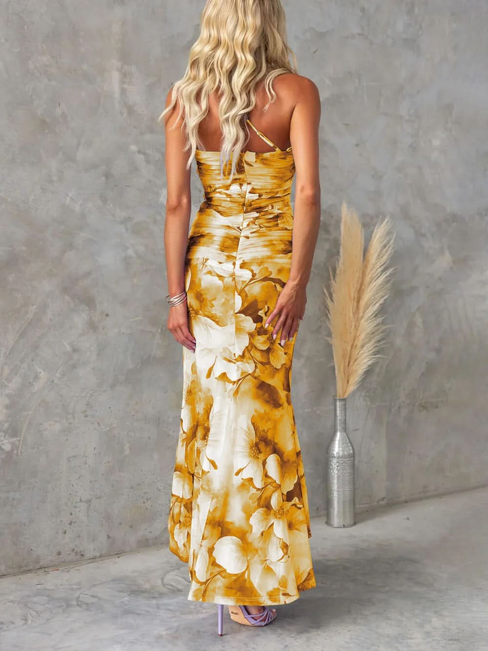 Back view gold yellow floral maxi dress thin strap detail