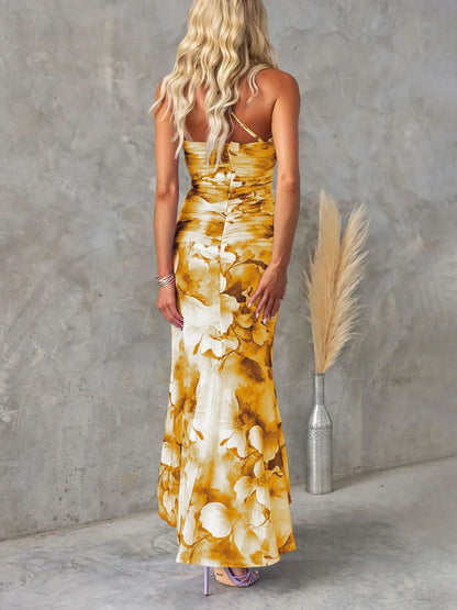 Back view gold yellow floral maxi dress thin strap detail
