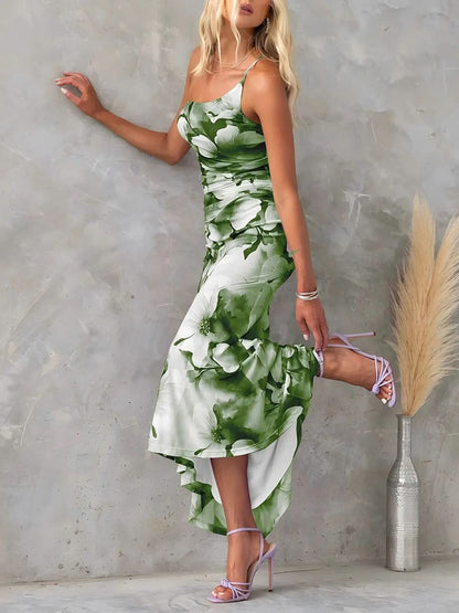 Green white floral cami maxi dress side ruched detail