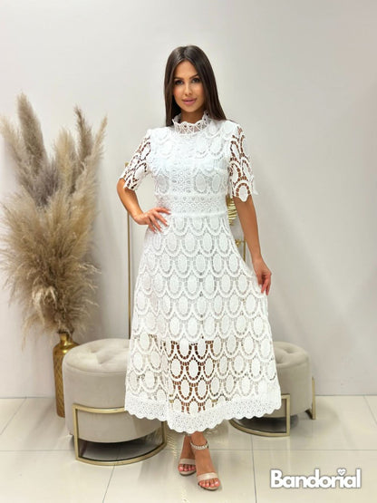 White scalloped lace midi dress with mock neck and short sleeves for women