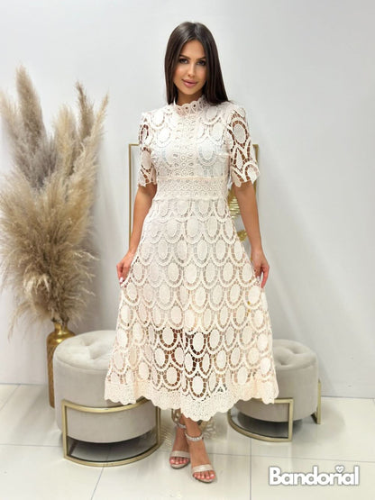 Cream lace a-line midi dress with mock neck and flutter sleeves for women