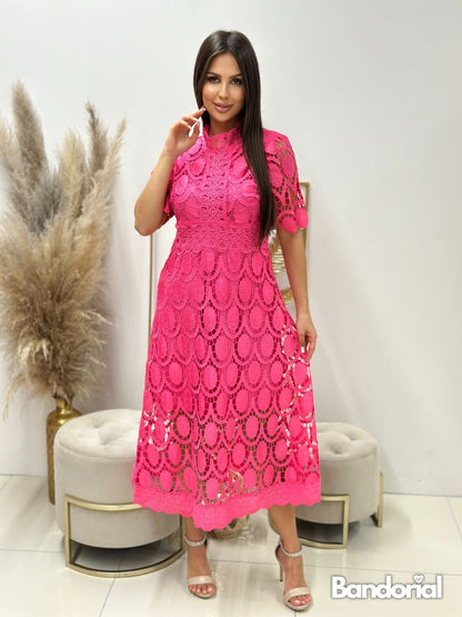 Hot pink lace midi dress with mock neck and short flutter sleeves for women