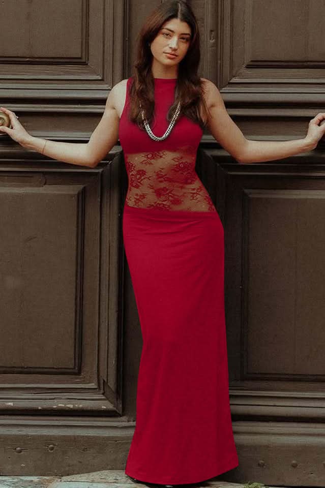 Red sleeveless maxi dress with lace waist detail and fitted silhouette