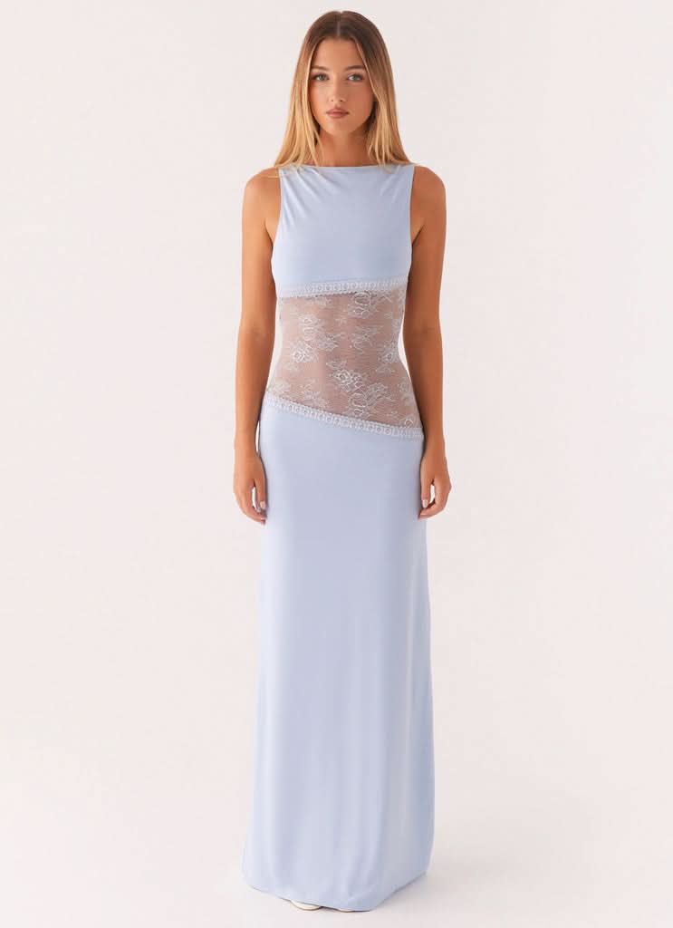 Light blue maxi dress with sheer lace waist band and sleeveless cut