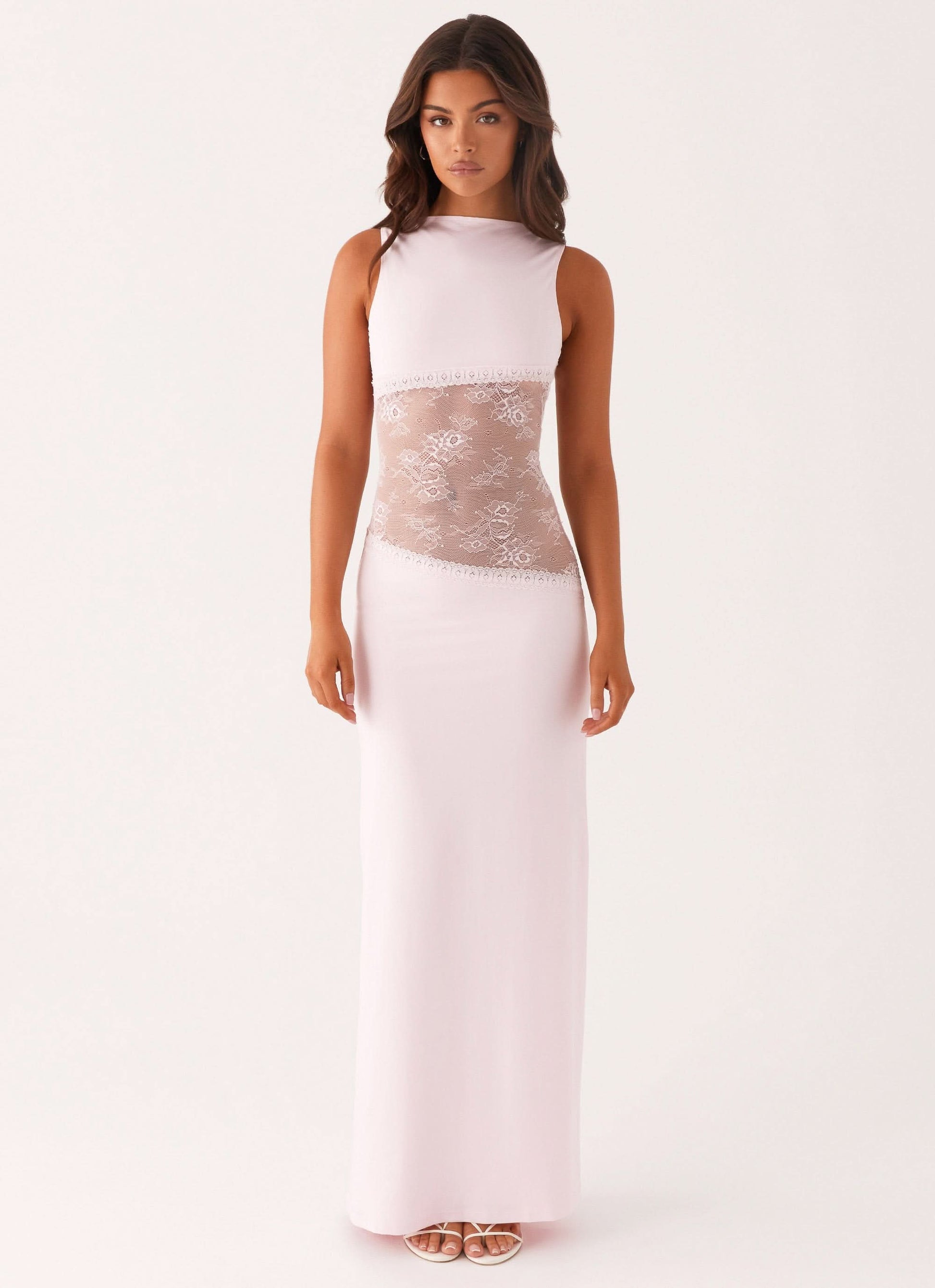 Pale pink sleeveless maxi dress with lace midsection and floor-length hem
