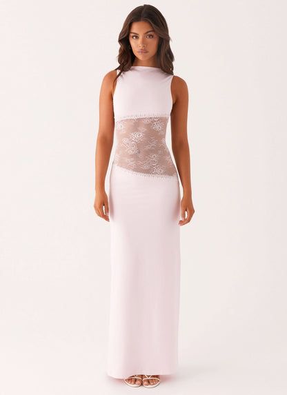 Pale pink sleeveless maxi dress with lace midsection and floor-length hem